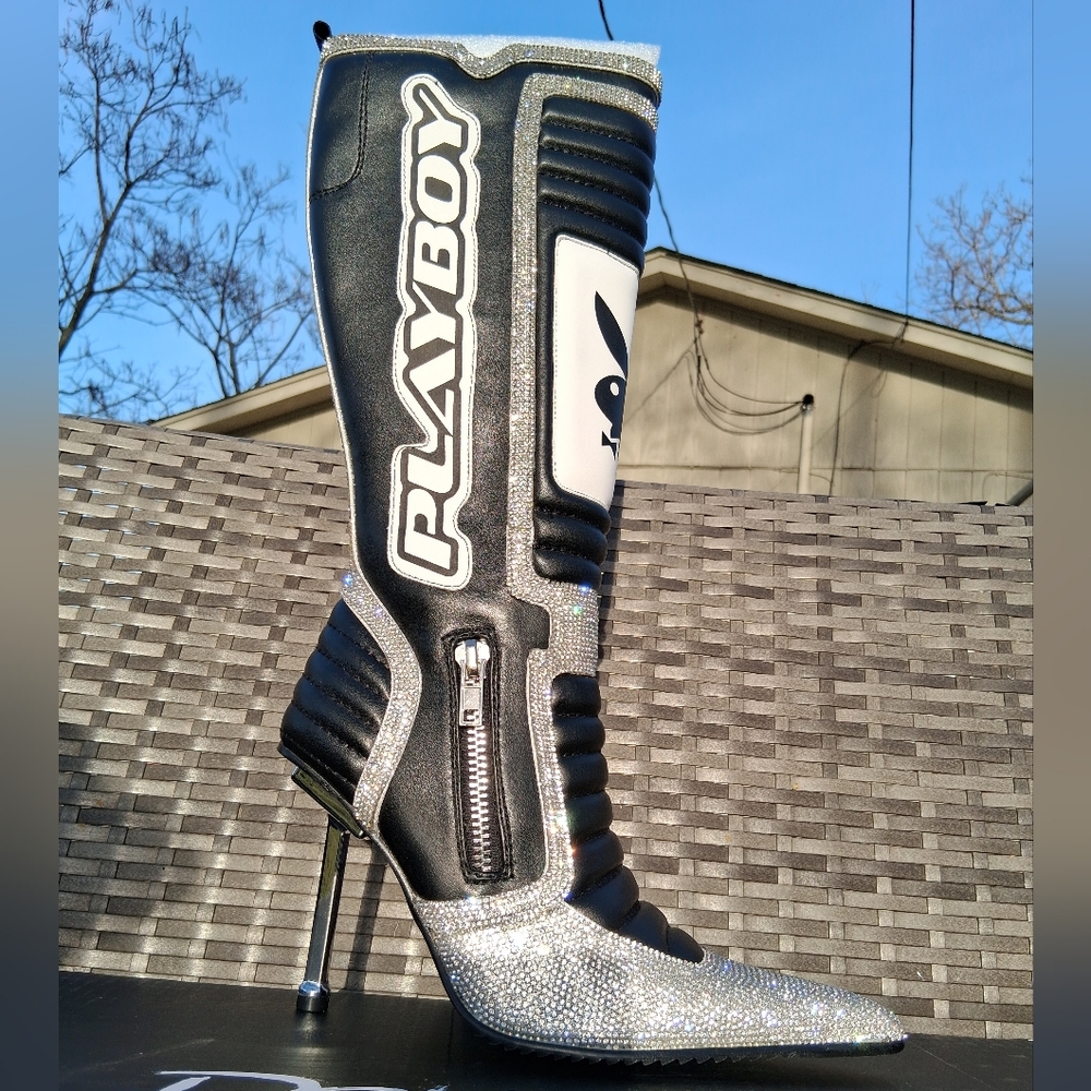 Dolls Kill x PLAYBOY™ Playmate Rhinestone Moto Stiletto Boots - Picture 2 of 9